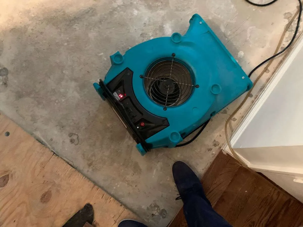 Air mover drying subfloor during Leak Detection & Repair in Cahokia Heights